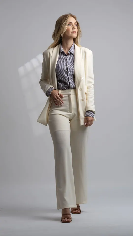 Look Terno off-white: blazer de alfaiataria e calça wide leg de linho